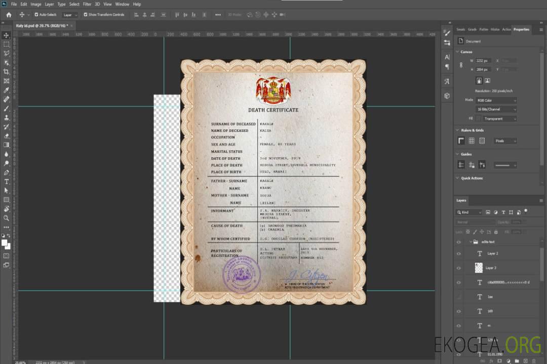 Modèle PSD de certificat de décès d'état civil d'Hawaï template